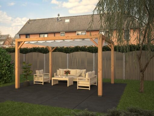 pergola 2.50x2.50 met schoren en een harmonicadoek