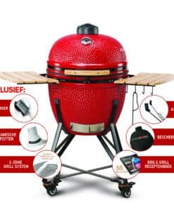 Kamado Bono Grande 23". Een rode kamado bbq.